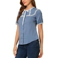 thumbnail image 4 of Allegra K Women's Short Sleeve Button Front Lace Panel Bow Tie Collar Blouse, 4 of 6