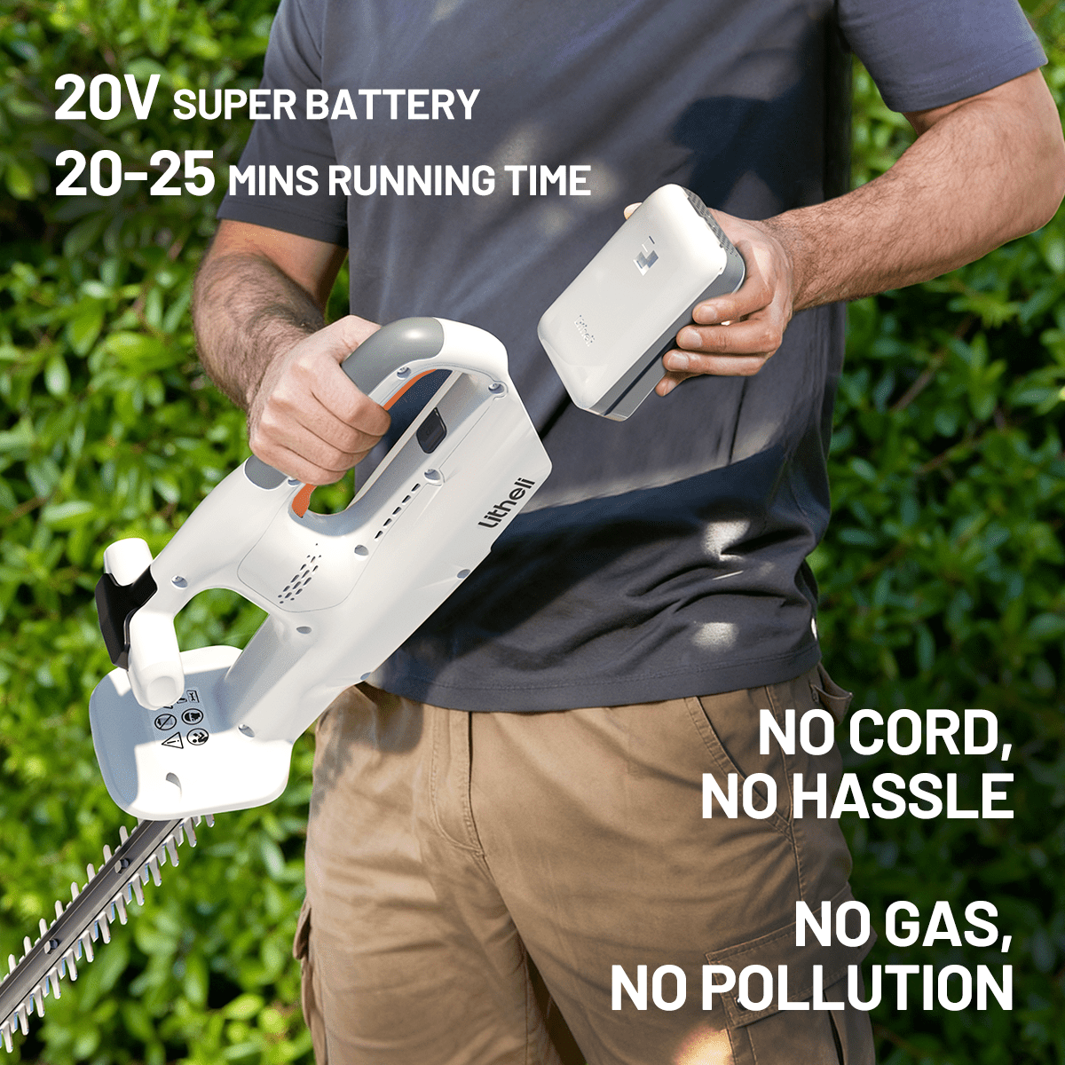Litheli 20V 16'' Cordless Hedge Trimmer, Lightweight, With 2.5Ah Portable Battery, for Bush & Shrub Cutting, Trimming, Pruning