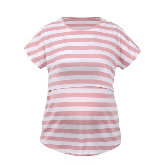 Clearance asdoklhq Pregnant Clothes Clearances Ladies Stripe Print Lacing Round Neck Short Sleeve Maternity Breastfeeding Clothe Top