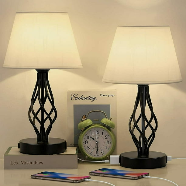 Set of 2 Table Lamps w/2 USB Ports & AC Outlet Charging for Bedroom