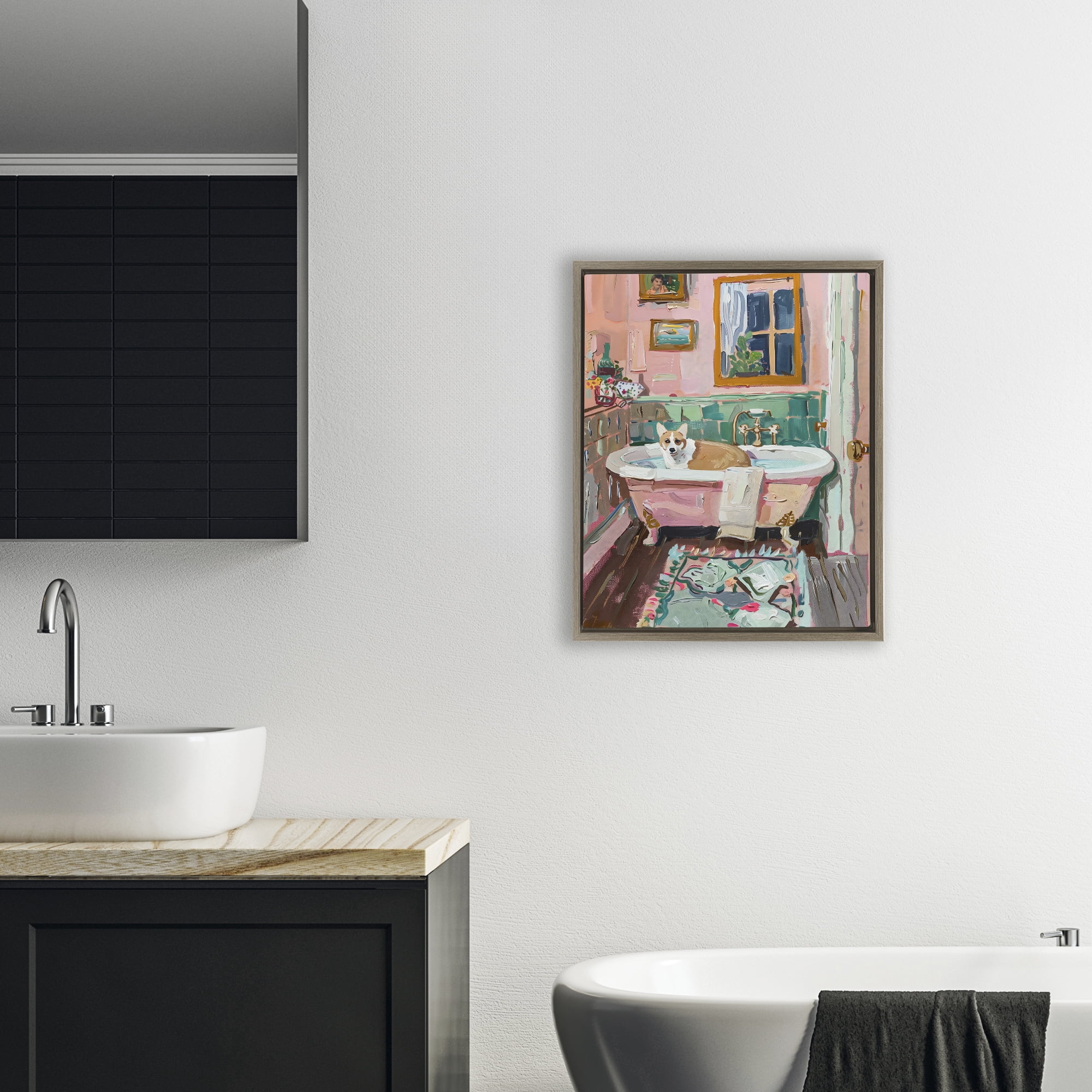 Stupell Industries Corgi in Pastel Tub Brown Framed Floater Canvas Wall Art, design by The Prints Vibe