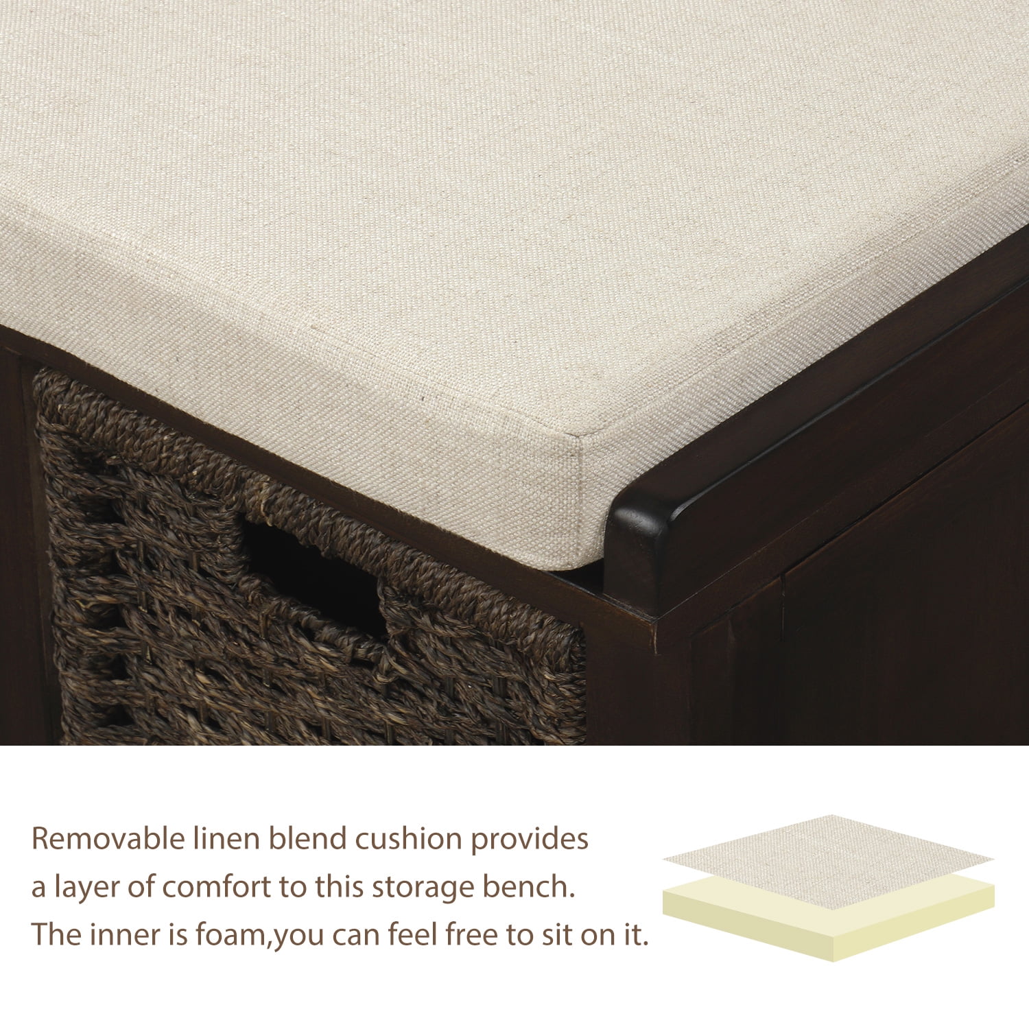 Noble House Rustic Storage Bench with 3 Removable Classic Rattan Basket,Espresso