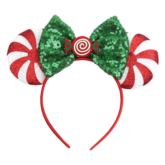 WelyHM Navidad Halloween Orejas de Ratón Diadema con Lazo Aro para el Cabello para Mujeres Niñas Diadema con Lentejuelas Brillantes Accesorios para el Cabello con Orejas de Gato (Piruleta Roja/Verde)