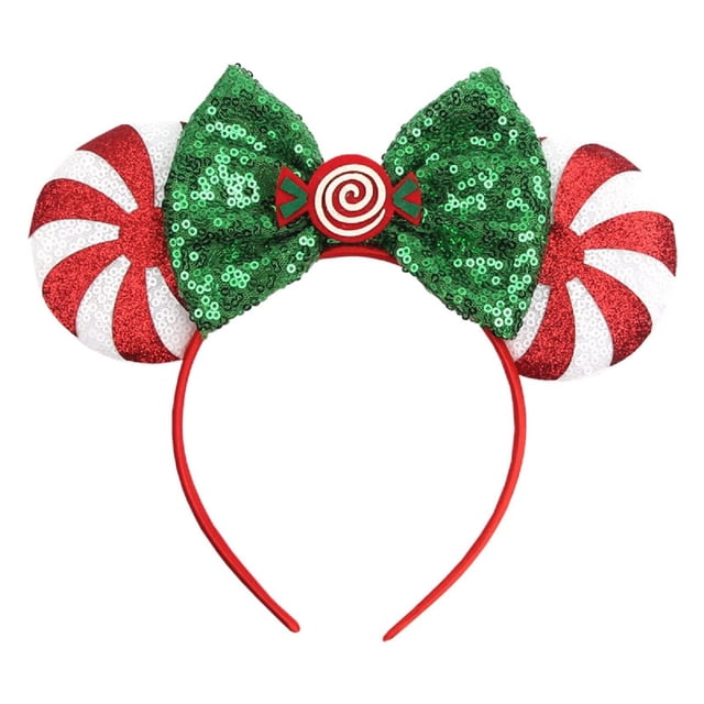 WelyHM Navidad Halloween Orejas de Ratón Diadema con Lazo Aro para el Cabello para Mujeres Niñas Diadema con Lentejuelas Brillantes Accesorios para el Cabello con Orejas de Gato (Piruleta Roja/Verde)
