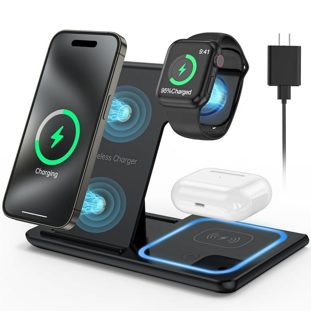 Cshidworld Cargador Inalámbrico, Estación de Carga Rápida de 18W Compatible con iPhone 17/16/15/14/13/12/11/Pro Max/Plus, Soporte de Cargador Inalámbrico 3 en 1 para iWatch SE 11/10/9/8/7/6/5/4, Airp