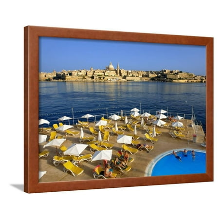 Valletta Skyline with Tourists Relaxing around Pool in Foreground Framed Print Wall Art By Jean-pierre