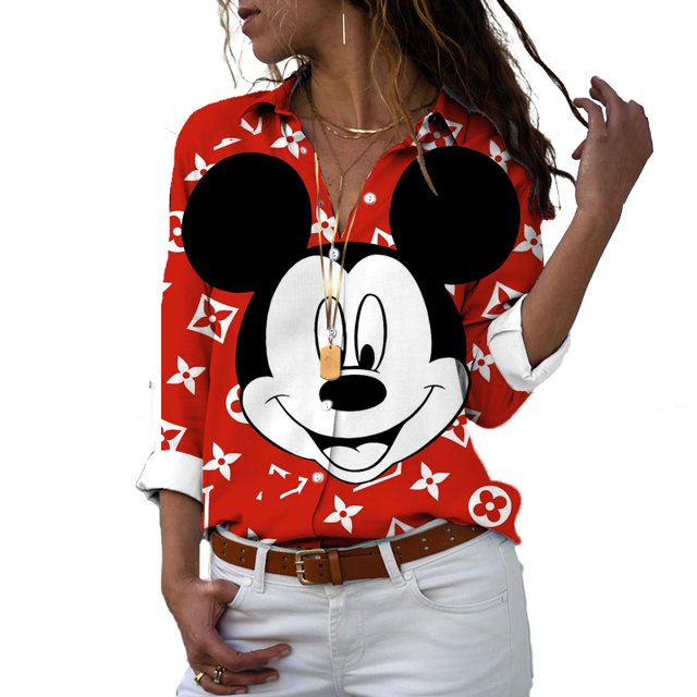 Disney-Camiseta de manga larga con botones para mujer, camisa informal con solapa y estampado 3D de Mickey, Minnie, Pato Donald, estilo Harajuku, y2k, novedad de 2022