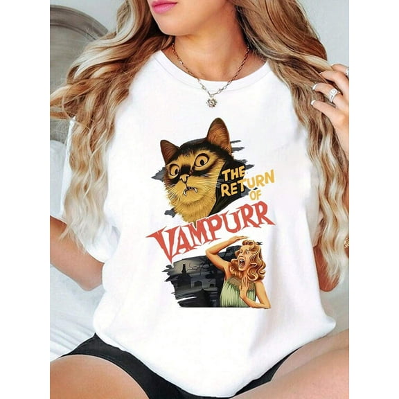 Cat Vampire Graphic T-Shirt - Casual Crew Neck Tee For Women Pure cotton short-sleeved shirt