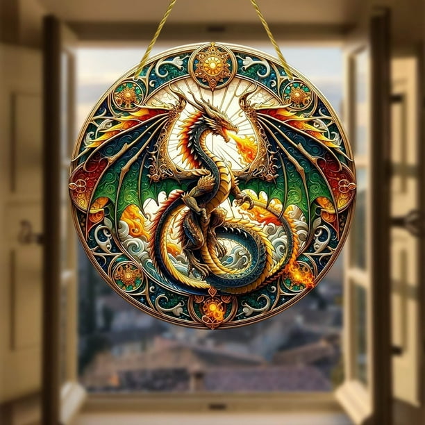 Decoración del hogar, atrapasol de dragones, vitrales, colgantes para ventana, regalos de dragones para hombres, atrapasol de dragones de fuego para ventanas abatibles, vidrio pintado a mano para drag