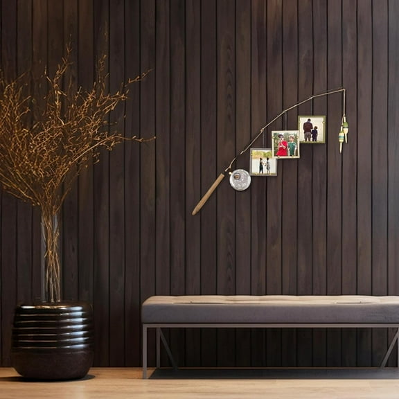 Young's Inc. Wood Fishing Pole Picture Frame Display with Three 4” x 4” Frames - Wall Decor – Hanging Picture Frames