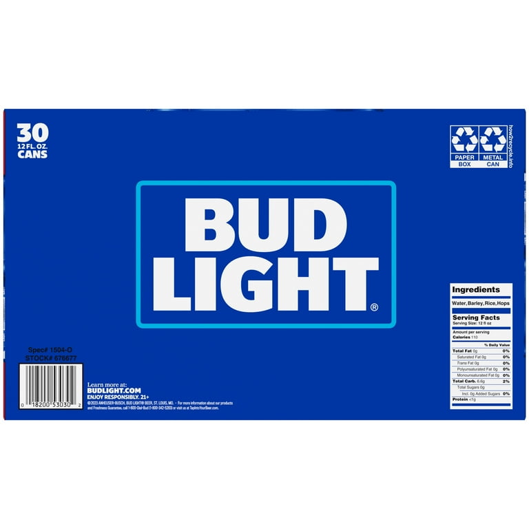 Bud Light Beer, 30 Pack Lager Beer, 12 fl oz Aluminum Cans, 4.2 % ABV,  Domestic