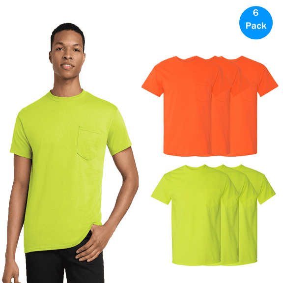 Gildan Men's High Visibility Pocket T-Shirt Short Sleeve Blank Tee, 6 Pack Safety Orange and Green Size: M