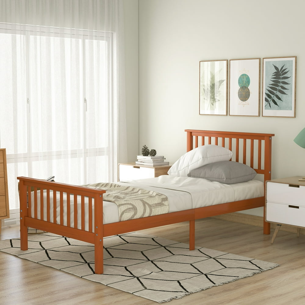 Twin Bed Frame No Box Spring Needed, Solid Wood Platform Bed Frame with Headboard and Footboard ...