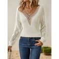 thumbnail image 4 of Womens Long Sleeve Sweaters Fall Trendy Lace V Neck Knit Drop Shoulder Pullover Sweater Jumper Tops Milky XL, 4 of 9