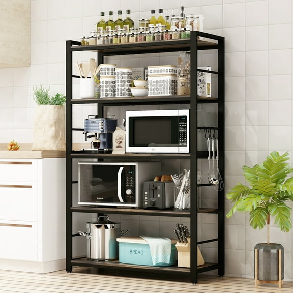 NAIYUFA Bakers Rack,Microwave Oven Stand 5 Tier Utility Storage Shelf with Hooks,Multifunctional Wood Shelf for Kitchen,Bathroom,Livingroom,Storehouse