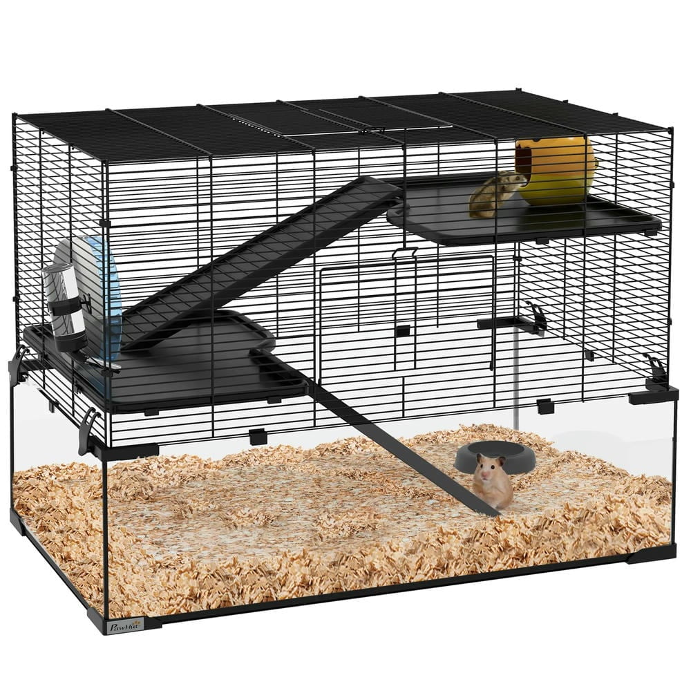 GVN Hamster Cage, Small Hamster Habitat,31" Hamster Cage, Gerbil Cage with Glass Basin for Small Hamsters, Black