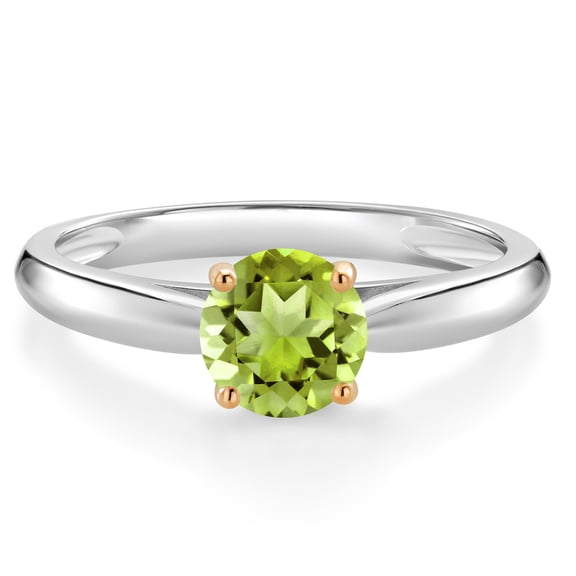 Gem Stone King 1.00 Ct Round Green Peridot 10K White and Yellow Gold Solitaire Engagement Ring (Size 8)