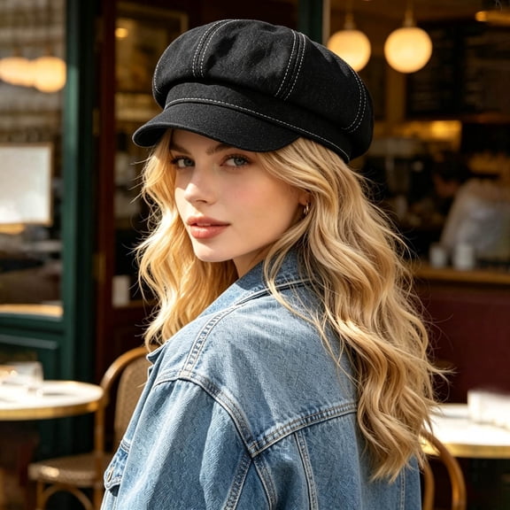Womens Denim Newsboy Cap Cabbie Beret Hat with Visor Peaked Cap Casual Adjustable Denim Sun Hat for Ladies