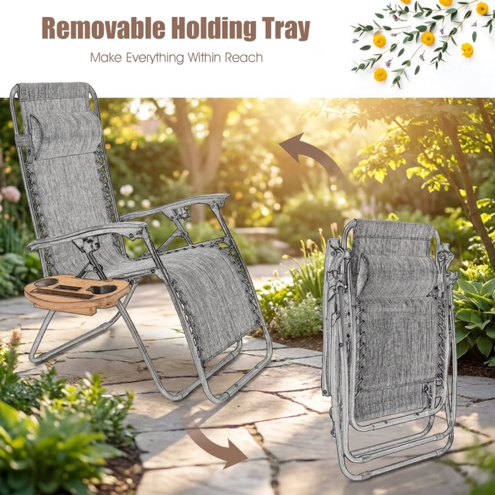 Furnibear 2 Piece Folding Zero Gravity Lounge Chair Set with 0 to 160 Degree Recline Removable Tray Padded Pillow Powder Coated Steel Frame and Bungee Support for Patio, Gray