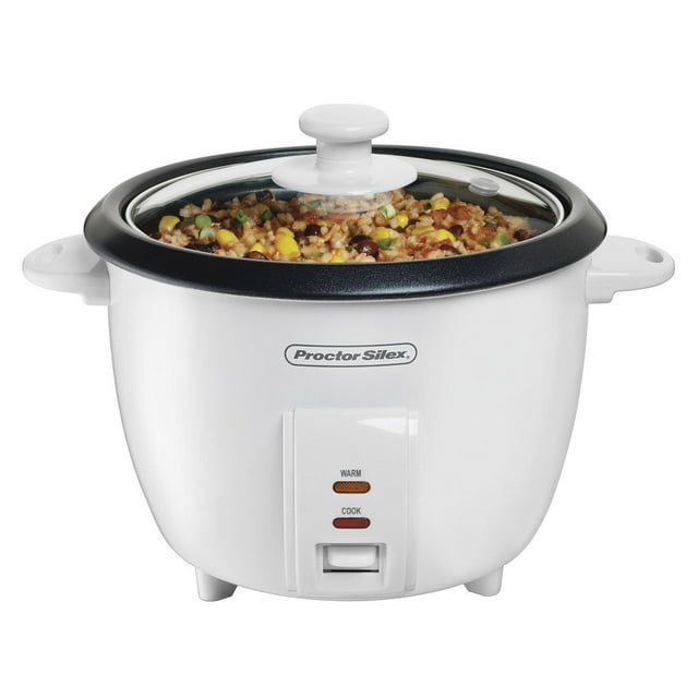 White Proctor Silex 37533PS 10 cup rice cooker with glass lid containing cooked mixed rice, corn, beans, and green onions.