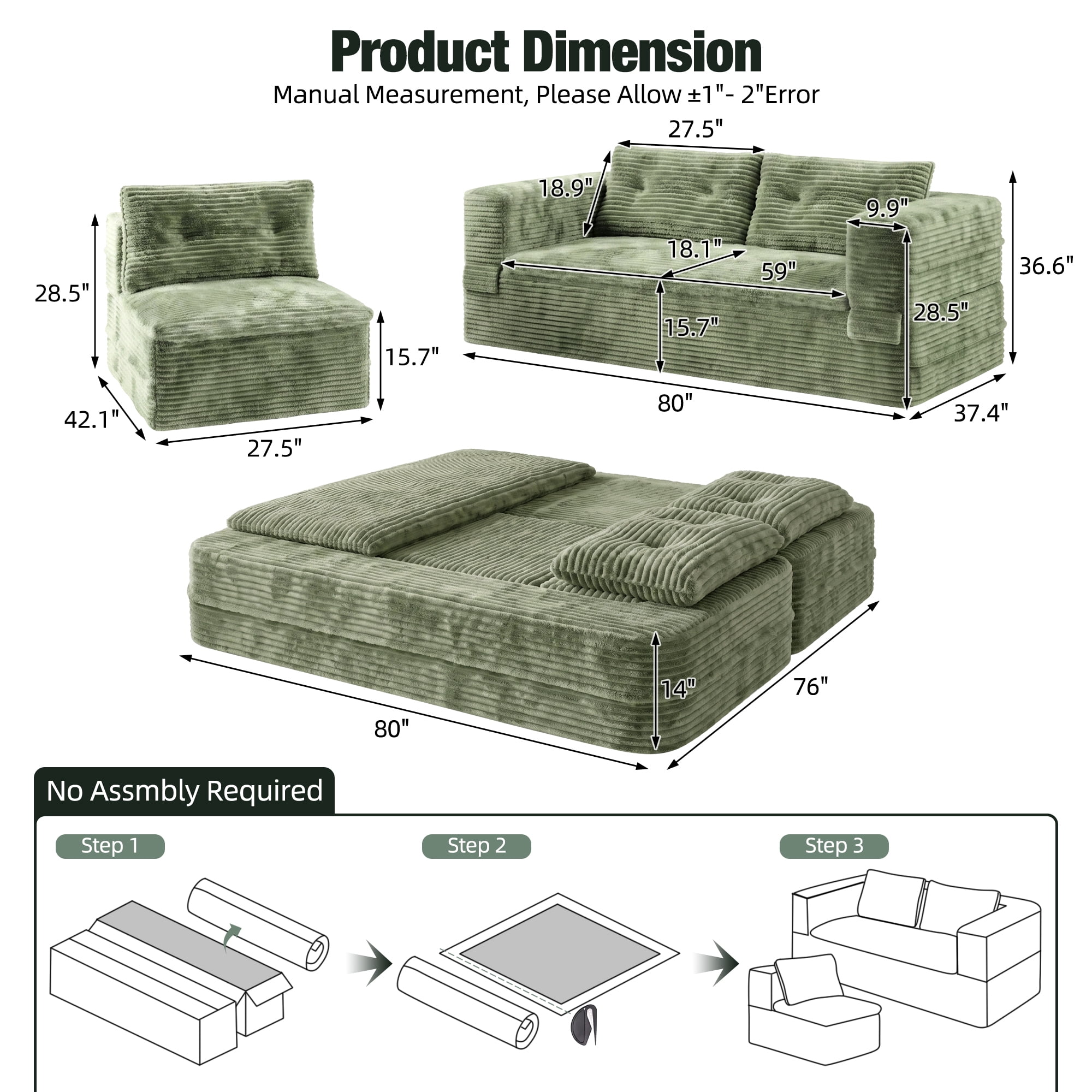 HOQBN 80" King Size Sleeper Sofa Bed, Plush Corduroy Deep Seat Sofa Couch with Independent Chaise and Functional Blanket for Living Room, Bedroom Green