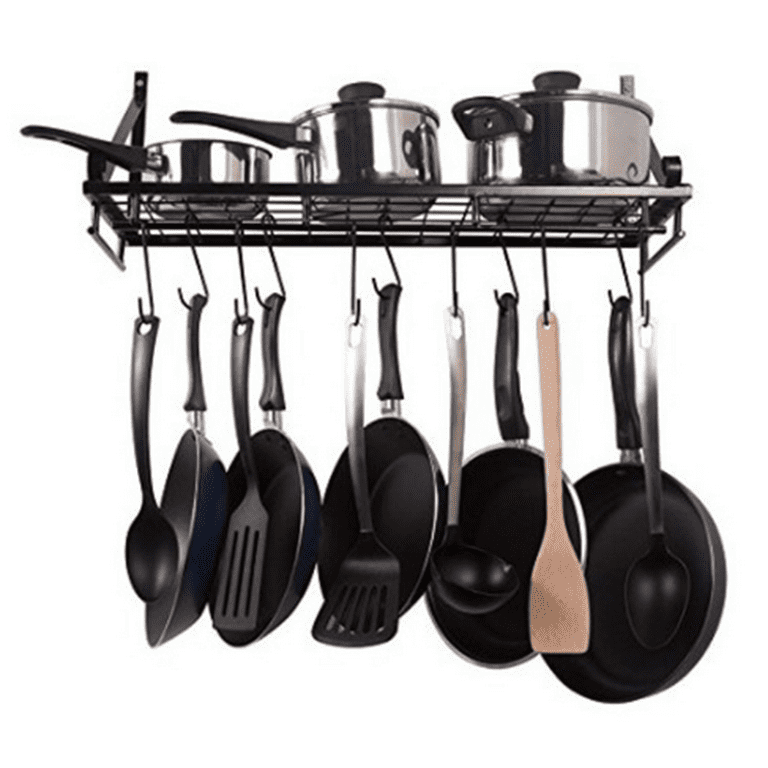  Heavy Duty Kitchen Wall Mounted Hanging Pot and Pan Rack  Organizer with Ten Hooks  2-Tiered Shelves for Kitchen Storage  Organization, Bakers Rack, Cast Iron Skillets, Plants, Coffee Mugs (Black,  29) 