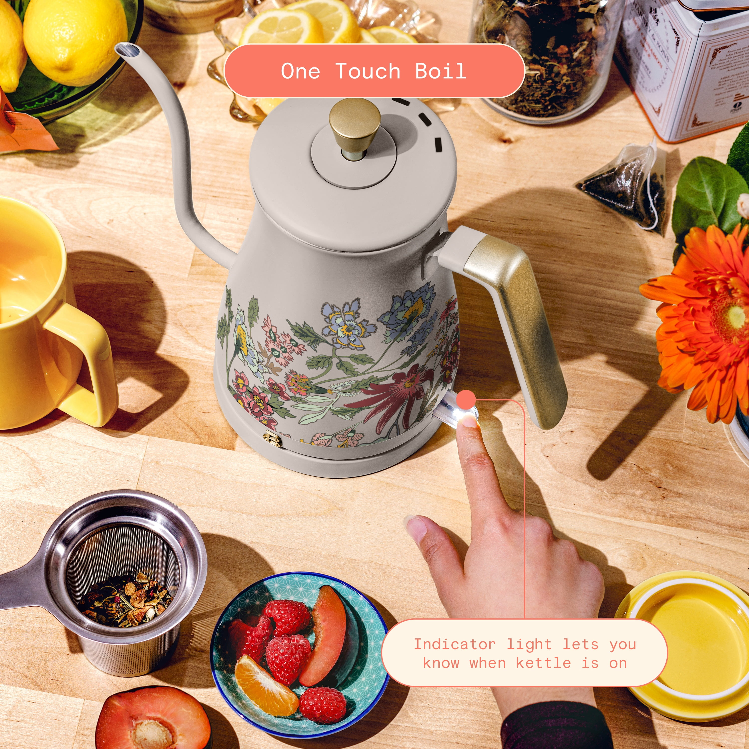 Beautiful 1-Liter Electric Gooseneck Kettle 1200 W, Wildflower Porcini Taupe by Drew Barrymore