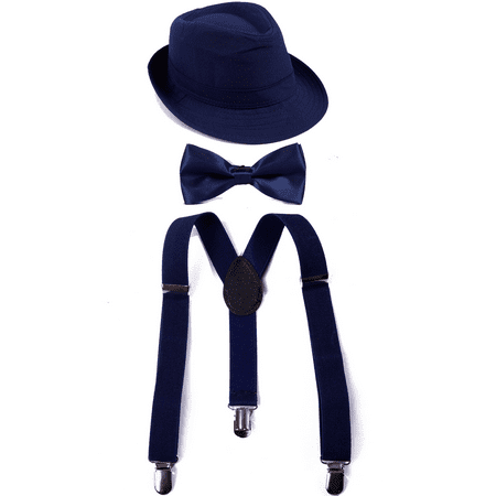 - HDE Kid's Funky Design Solid Color Adjustable Elastic Clip Suspenders with Pre-tied Microfiber Neck Strap Bow tie and Short Brim Trilby Fedora Hat (Navy Blue)