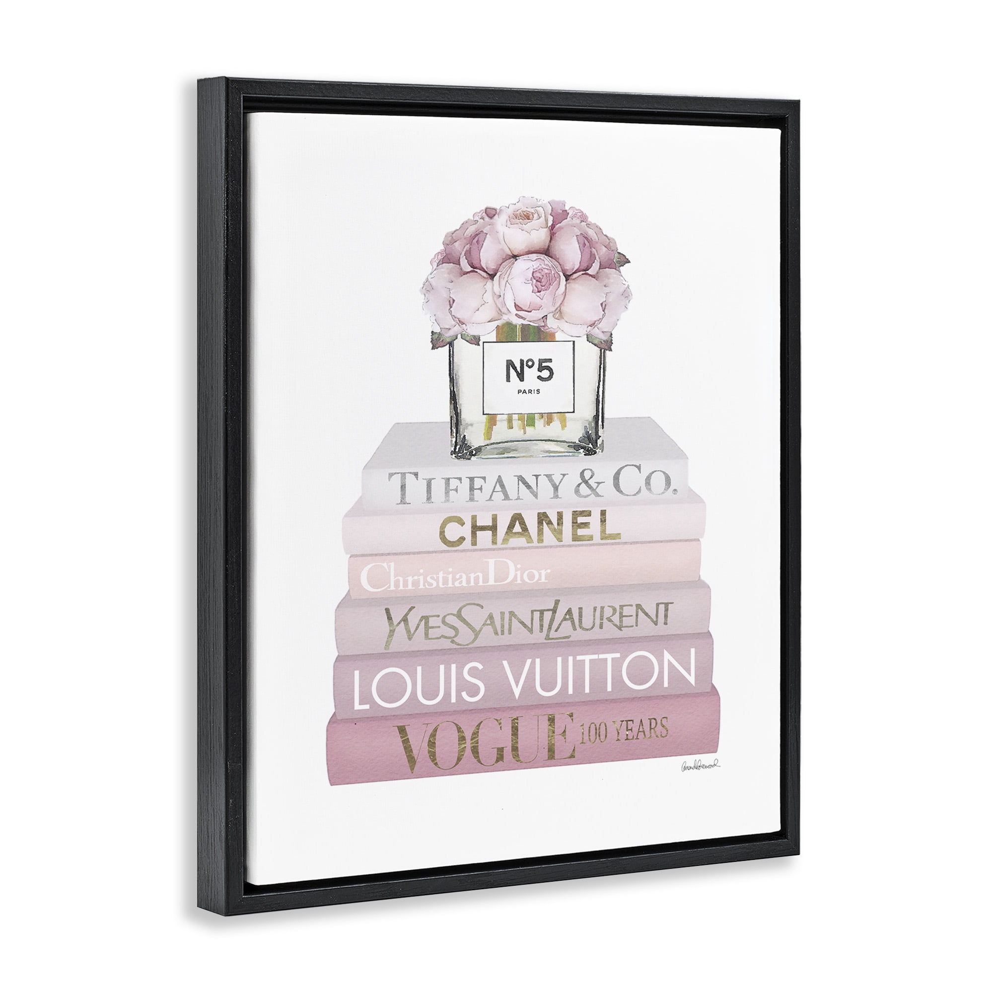 Stupell Industries Pink Rose Bouquet Bookstack Beauty & Fashion Painting Black Floater Framed Canvas Art Print Wall Art, 25 x 31