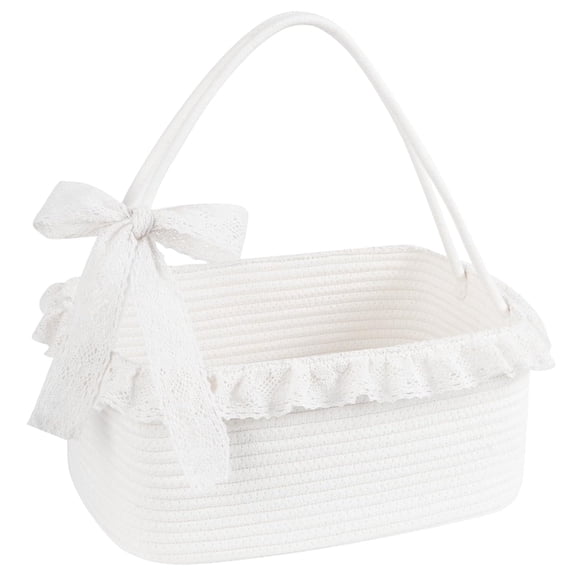 XIBUFE Gift Basket with Long Handles,Large Woven Baskets for Gifts with Gift Bag,Ribbons and Lace,Cotton Rope Storage Basket for Birthdays,Baby Showers,Picnic,Wedding Diy Presents-White