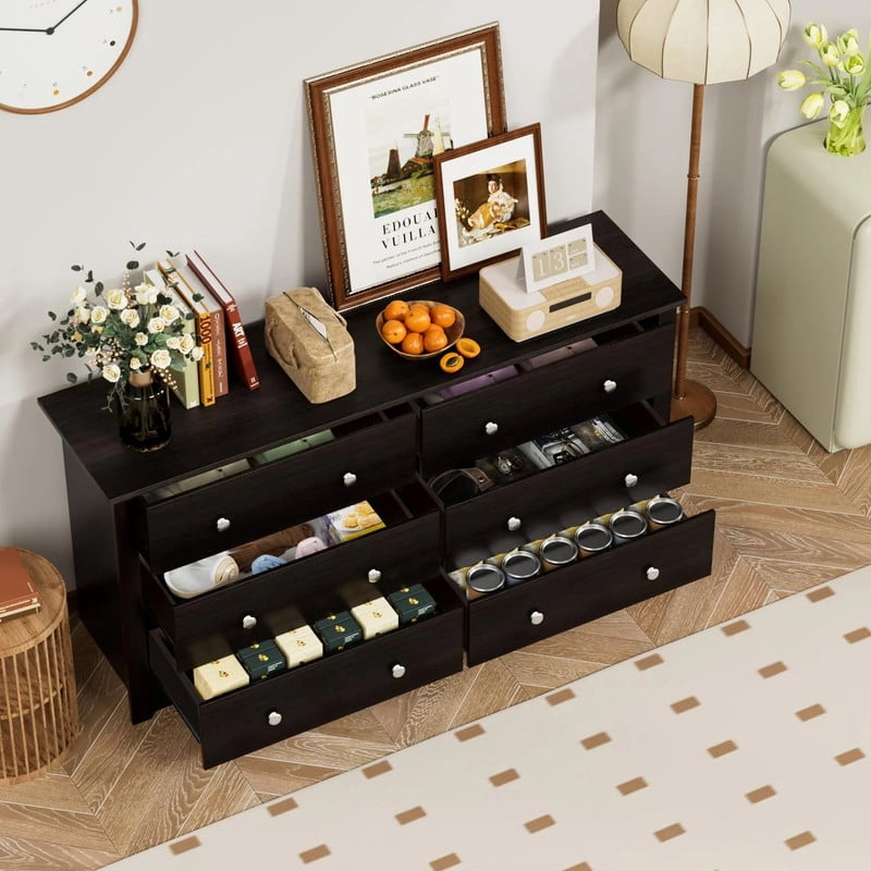 Furmax 6 Drawer Double Dresser, Wide Wood Chest of Drawers Storage Tower Storage for Living Room Bedroom, Black