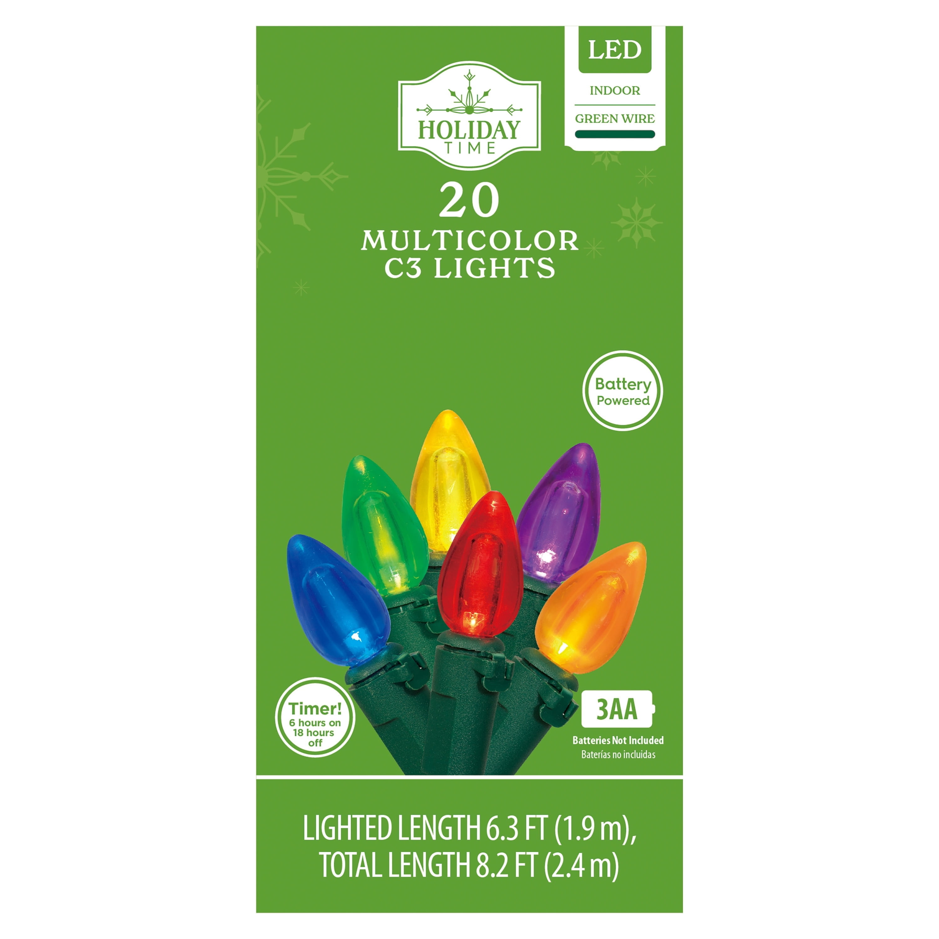 Indoor 20-Count Battery-Operated LED Smooth C3 Christmas String Lights, Multicolor, Green Wire, 6.3', by Holiday Time