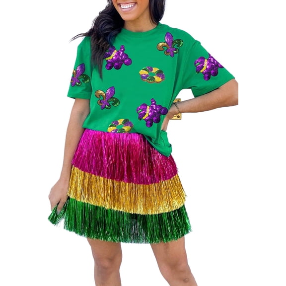 Women's Bright Green Mardi Gras Sequin Patched Graphic Tee - Vibrant Casual Top | [ZhiHiMeRi] | (US 20-22)2XL