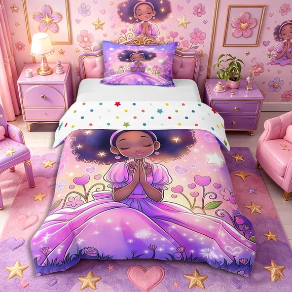 Castle Fairy Magical Fairy Afro Princess Twin Duvet Cover,Purple Star Flower Heart Twin Bedding,Purple Pink,1 Duvet Cover and 1 Pillowcase