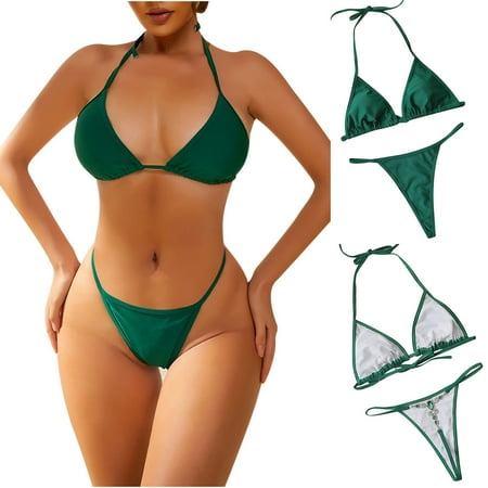 Elainilye Fashion Bikini Sets for Women Swimsuit Sexy Crystal Diamond Thong Bikini Swimsuits Green