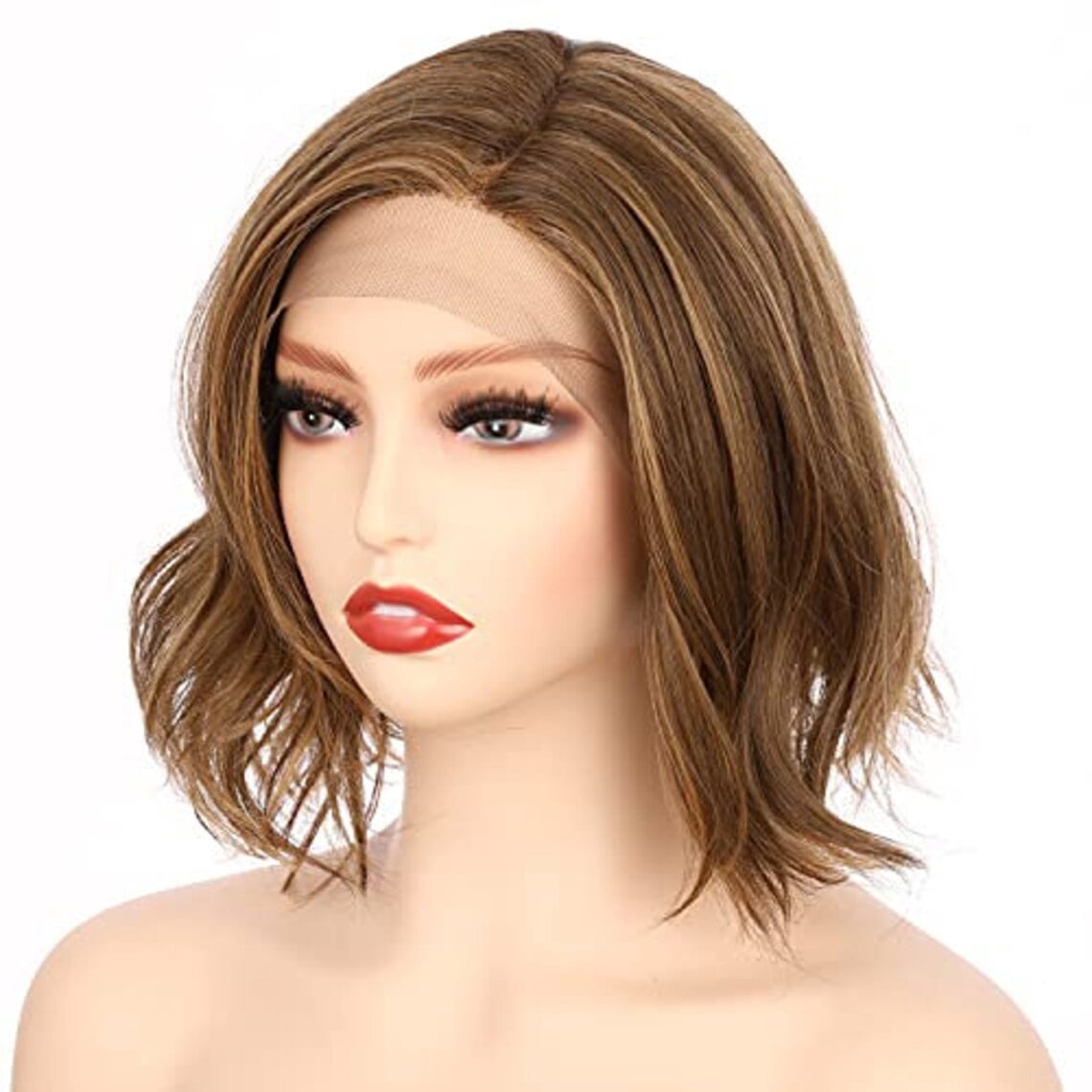 Onedor 10 Inch Side Part Lace Front Short Wavy Hair Bob Wigs for Women (Light Brown Evenly Blended with Dark Natural Blonde)