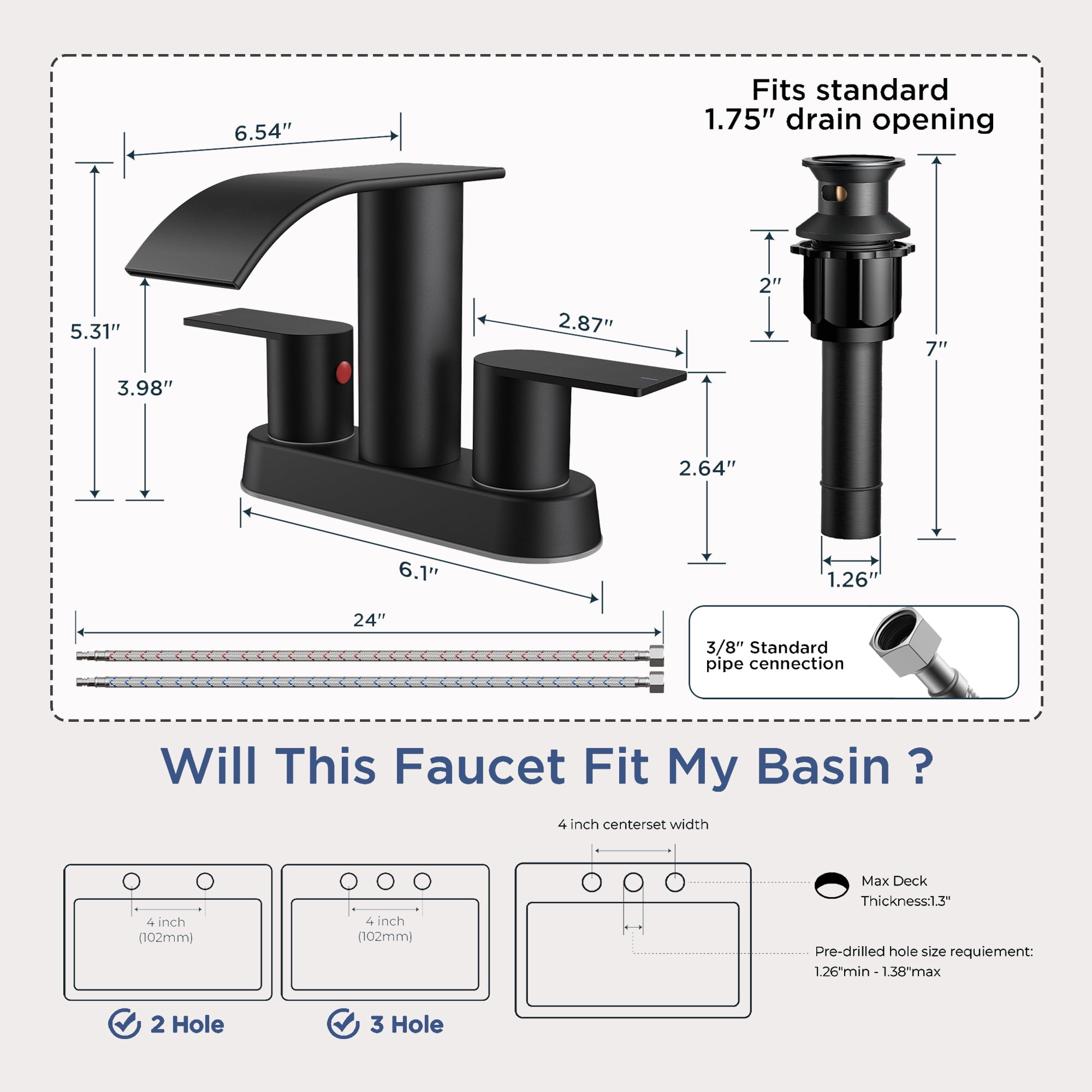 TVOFEK Waterfall Centerset Bathroom Faucets for 2 or 3 Hole with Metal Pop up Drain and cUPC Hose, 4 inch Matte Black Two Handles Basin Sink Faucet for Vanity RV Lavatory