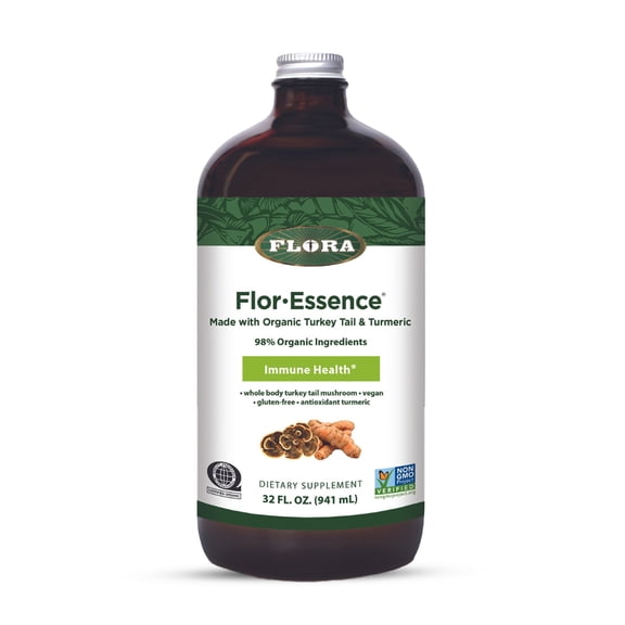 Flora Health Flor-Essence with Turkey Tail & Turmeric, Rich in Polysaccharides, 35  Phenolic Compounds with Antioxidants and Immunity Support, 32-fl. oz. Glass Bottle