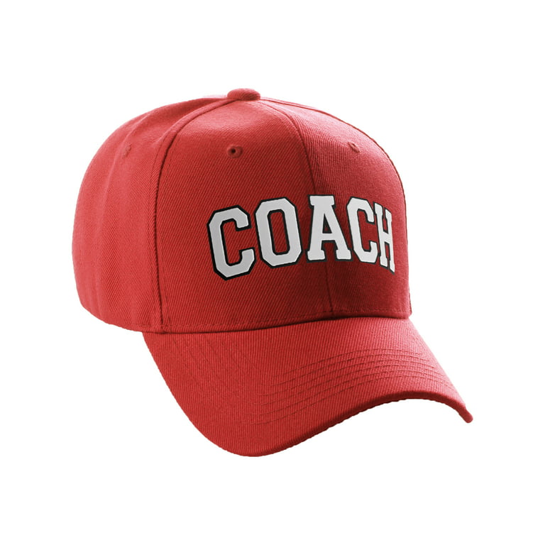 Structured Baseball Hat Classic Team Coach Arched Letters Adjustable Curved  Cap, Red Hat Black White Letters