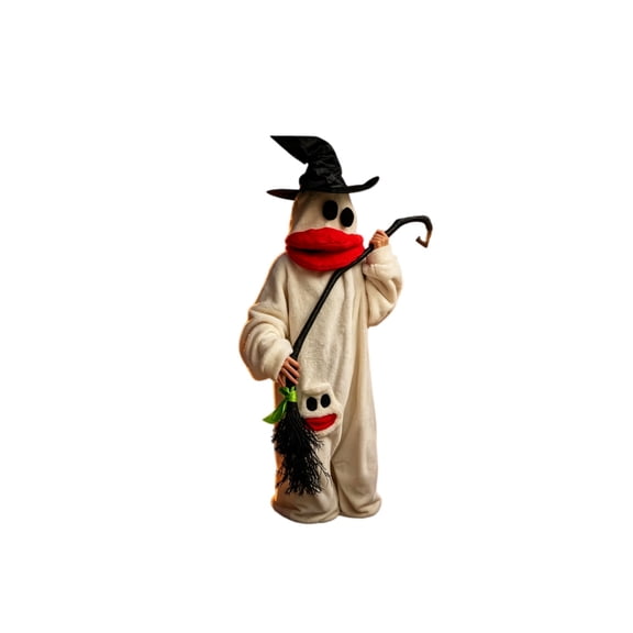 Hovilon Funny White Ghost Onesie for Adults with Witch Hat, Cute Big Red Lips Jumpsuit, 100% Cotton Halloween Costume, Unisex Oversized Spooky Outfit for Party Bar Carnival, Soft Holiday Pajamas