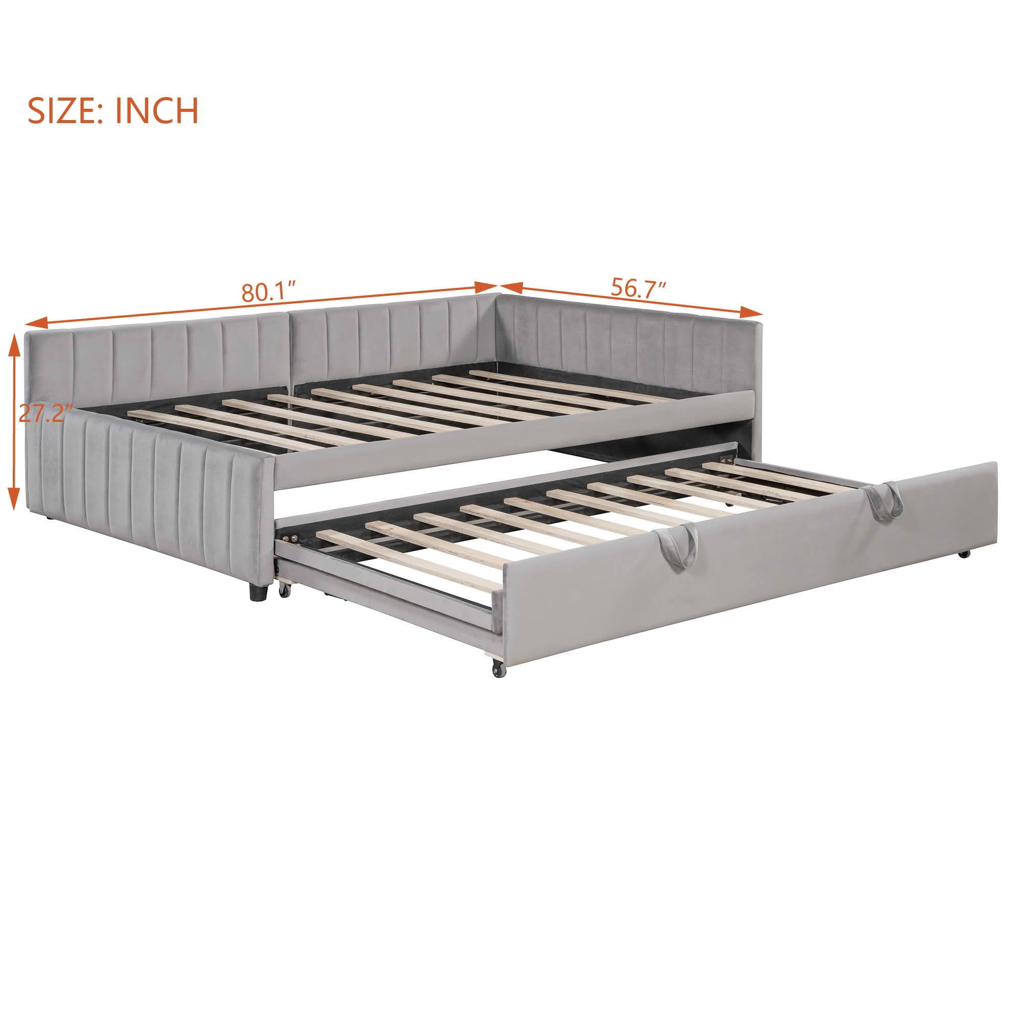 MAYEERTY Striped Upholstered Daybed with L-Shaped Backrest & Pop-Up Pull-Out Trundle, No Box Spring Needed
