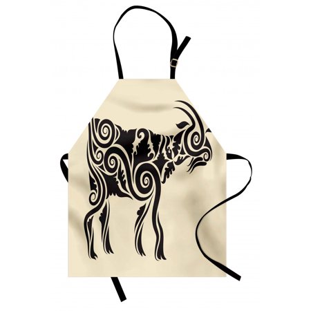 Goat Apron  Tribal Tattoo Style Ornamental Goat with Curves Waves Abstract Geometric Print  Unisex Kitchen Bib with Adjustable Neck for Cooking Gardening  Adult Size  Beige and Black  by Ambesonne