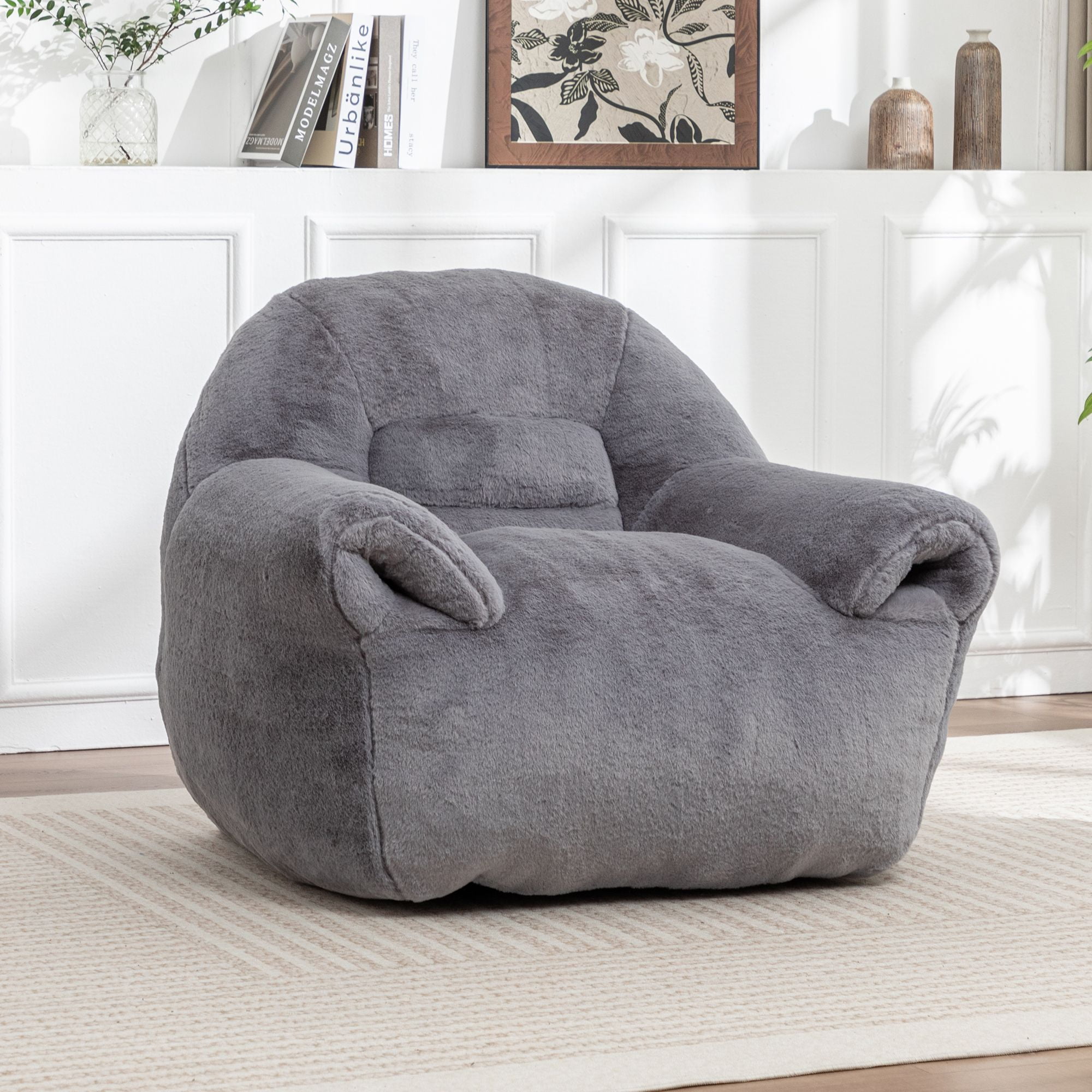 Gray Faux Fur Bean Bag Chair with Back Support, Pre-Filled Comfy Floor Sofa for Adults, for Living Room, Bedroom, Dorm Room
