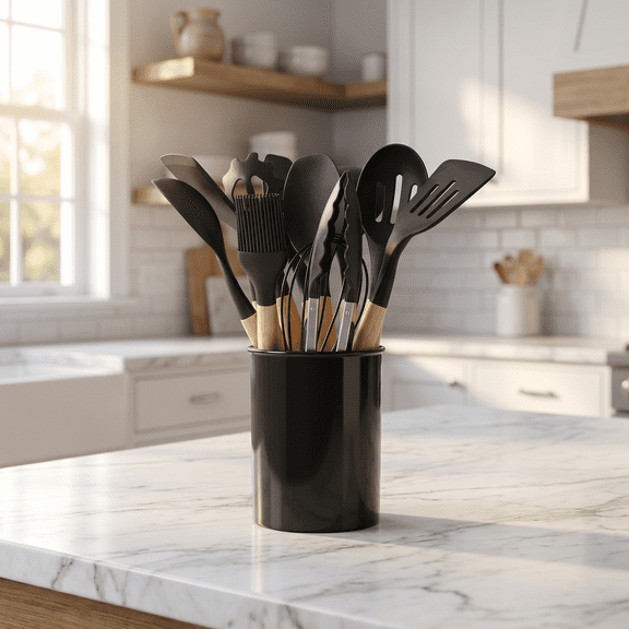 Silicone Cooking Utensils Set - Silicone Kitchen Utensils for Cooking Wooden Handles, 12-piece Kitchenware Set, Heat Resistant Cooking Gadget Tools for Nonstick Cookware BPA FREE (Black)
