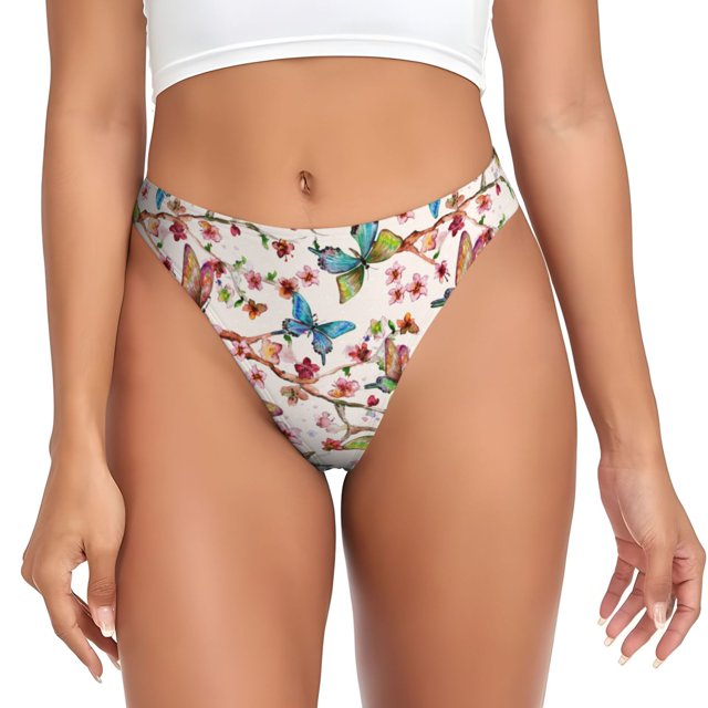 Fotbe Watercolor Floral With Butterflies Tanga Sin Costuras para Mujer con Estampado – Panties Invisibles, Transpirables y Cómodos para Uso Diario-Large