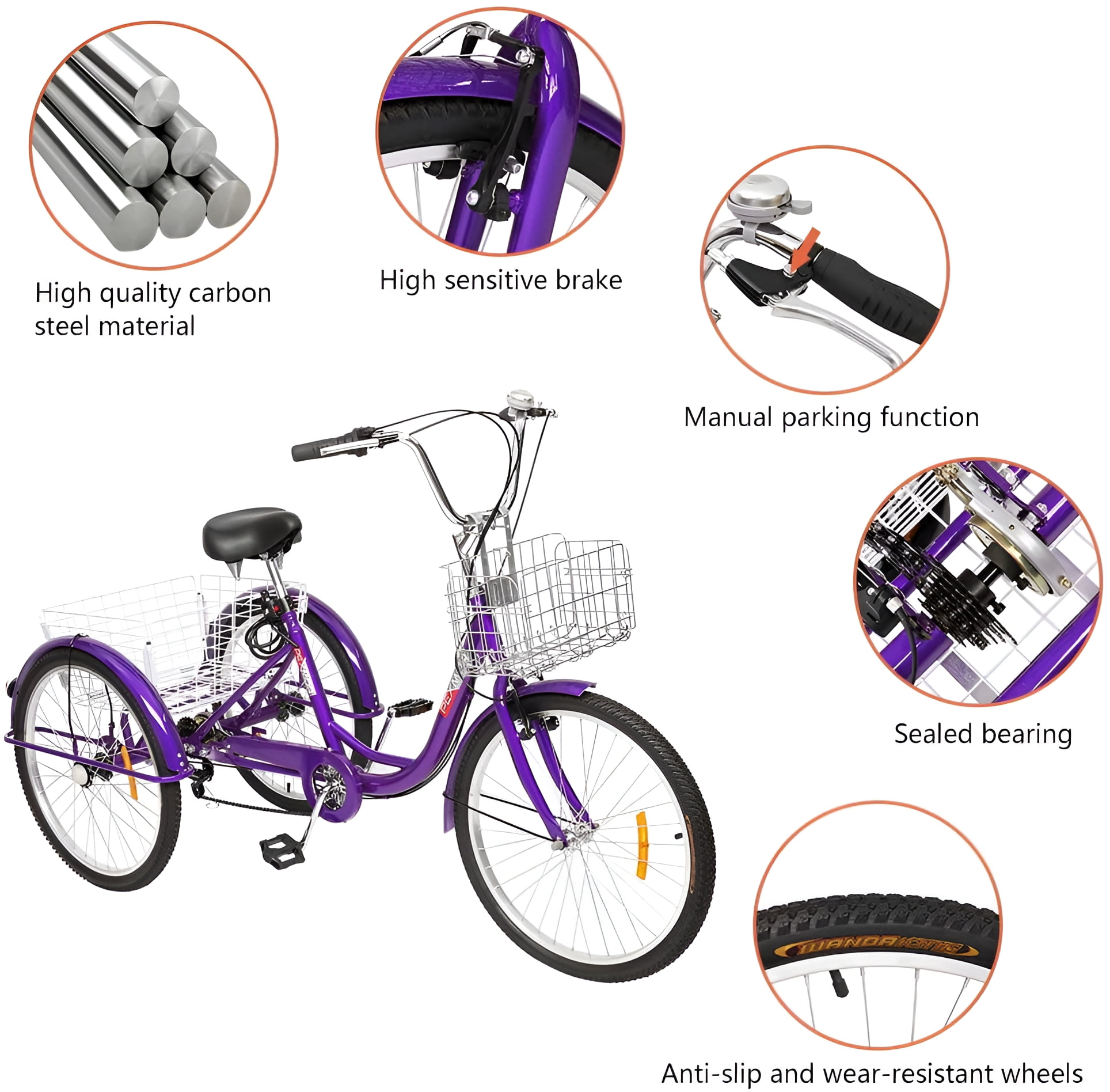PEXMOR Adult Tricycle 7 Speed, 24/26 Inch 3 Wheel Bikes Tricycle for Adults, Adult Trike for Women/Men/Seniors, Three Wheel Cruiser Bike w/Folding Front & Rear Basket for Shopping/Recreation/Picnic