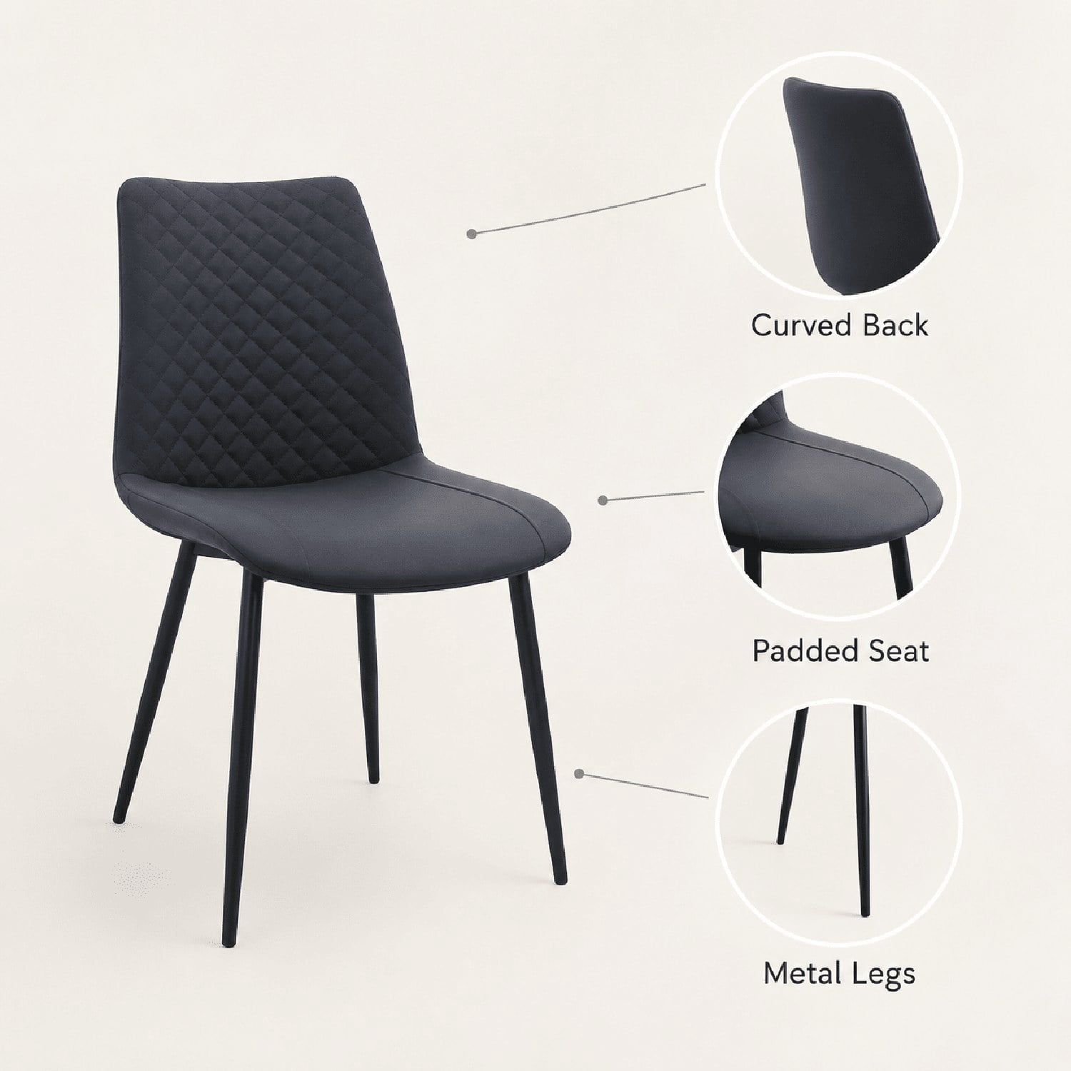 Modern PU Leather Dining Chairs, Set of 4, Diamond-Quilted Faux Leather Upholstery, Metal Frame, 300 lb Capacity, for Dining Room, Kitchen, Living Room