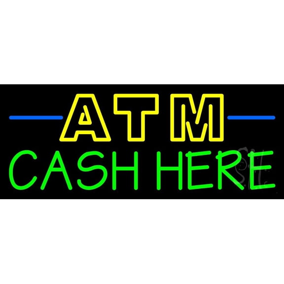 Double Stroke Atm With Cash Here 1 LED Neon Sign 13 x 32 - inches, Black Square Cut Acrylic Backing, with Dimmer - Bright and Premium built indoor LED Neon Sign for Defence Force.