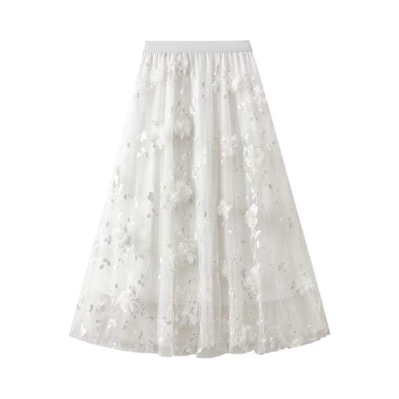 Fgnfyis Women's Mesh Embroidery Heavy Industry Skirt Plus Size Skirt New A Line Literary High Waist Long Skirt Skirts for Women White One Size