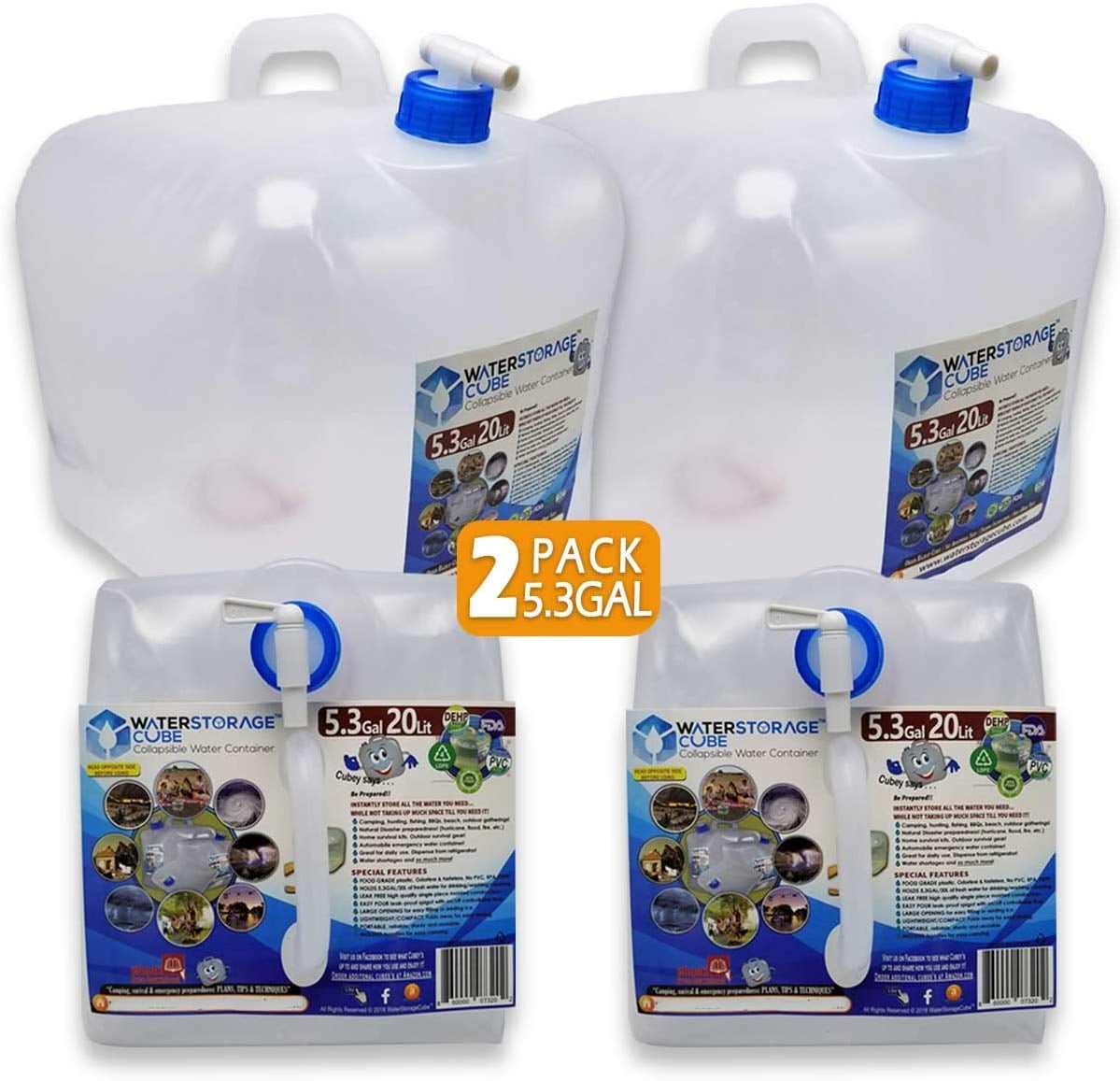 WaterStorageCube 2Pack 5.3 Gallon BPA Free Collapsible Water Container